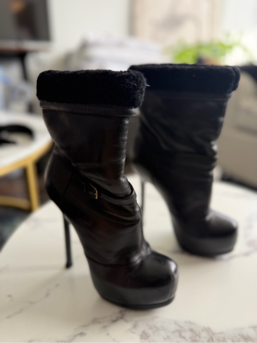 Yves Saint Laurent Black Platform Stiletto Shearling-Trim Boots